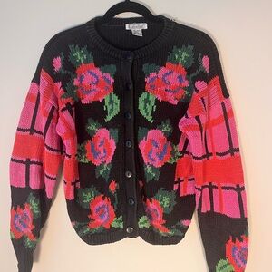 Vintage Gallagher knit cross-stitch Floral cardigan red roses size medium